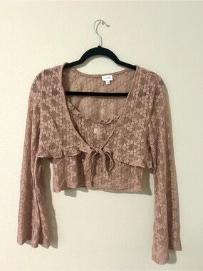 La Hearts Dusty Rose Lace Tie-Front Cropped Blouse